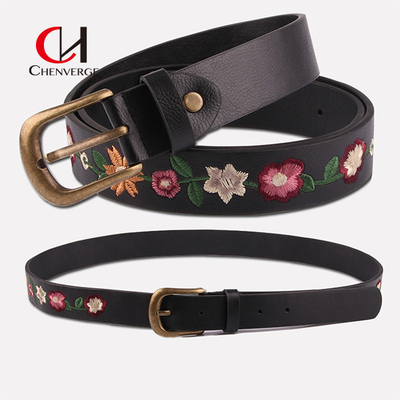Embroidered Flower Vintage Ladies Leather Belt Classical Resort Style